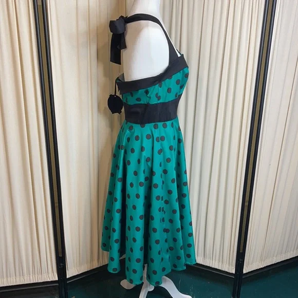 🎉HP🎉NWT- HELL BUNNY VIXEN GREEN & BLACK HALTER PINUP DRESS SIZE LARGE - Picture 11 of 15